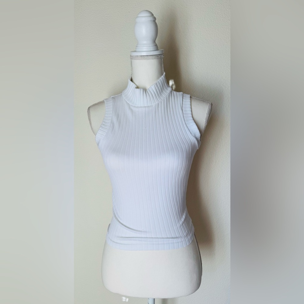 Dynamic White Ribbed Sleeveless Mock neck Top | One Size